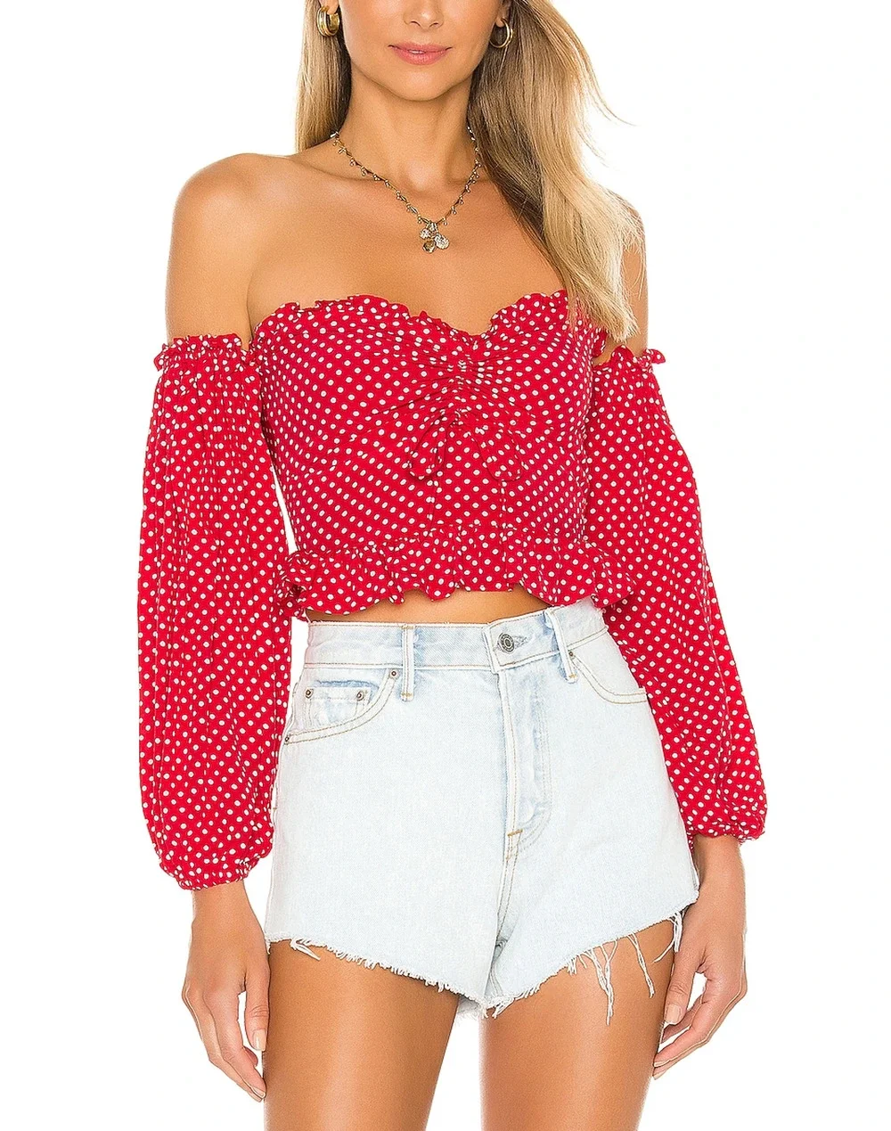 Lovers And Friends Smocked Red White Dot Arianna Blouse Size S NWT
